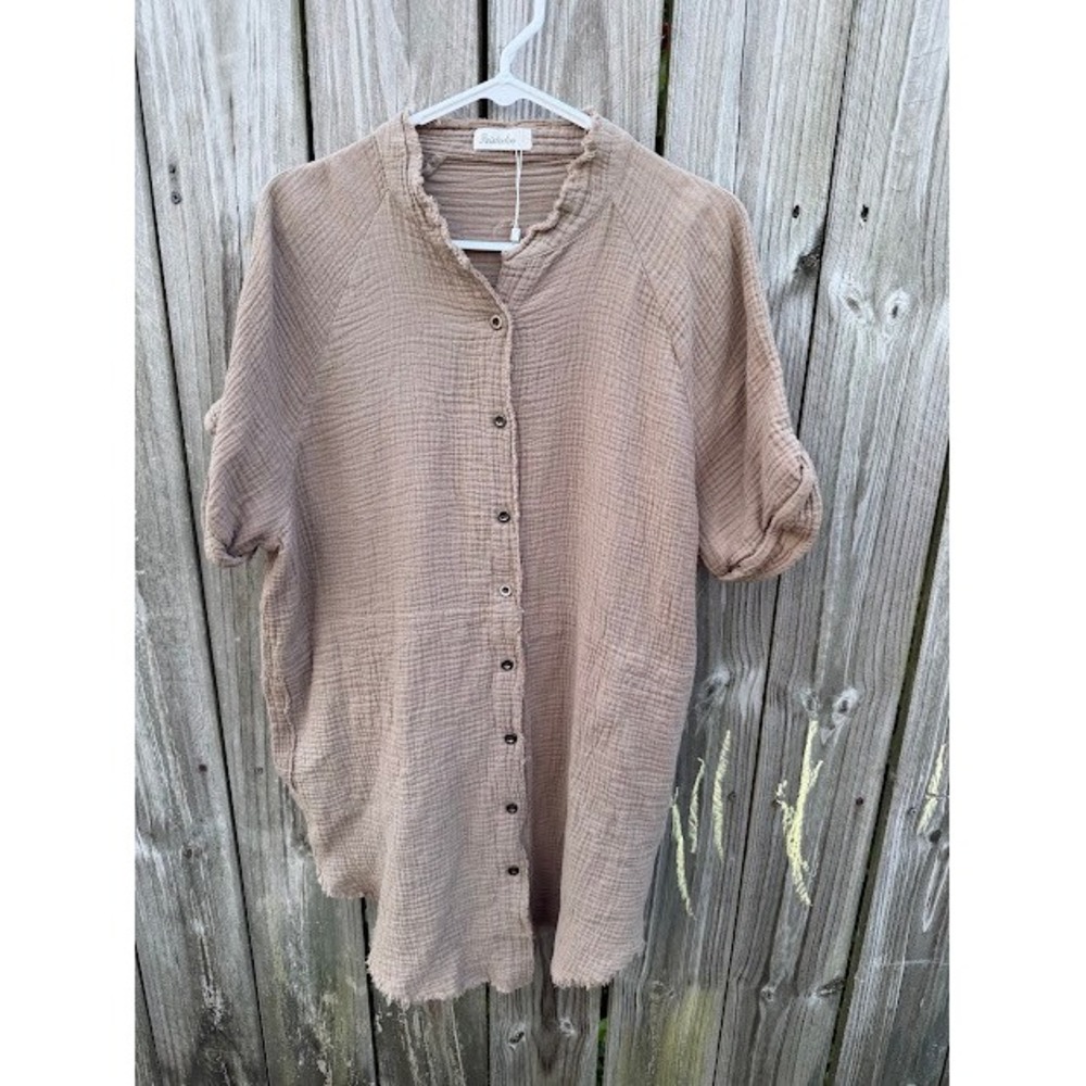 Boho Coastal Paintcolors Cotton Gauze Shirt L Tan Frayed Raw Edge Button Down